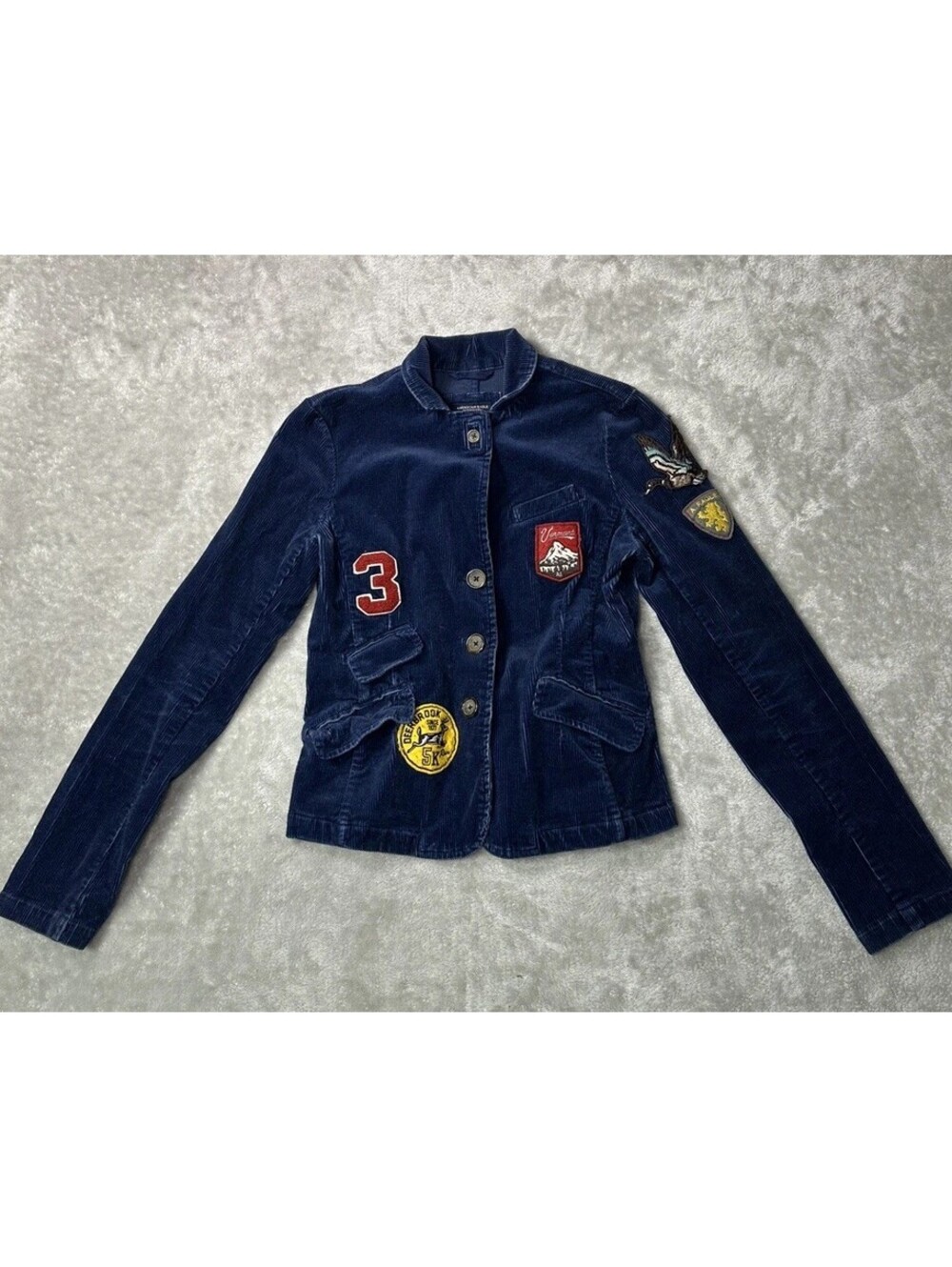 VTG Y2K American Eagle Blue Patches Corduroy Jacket Women's Size Small Preppy